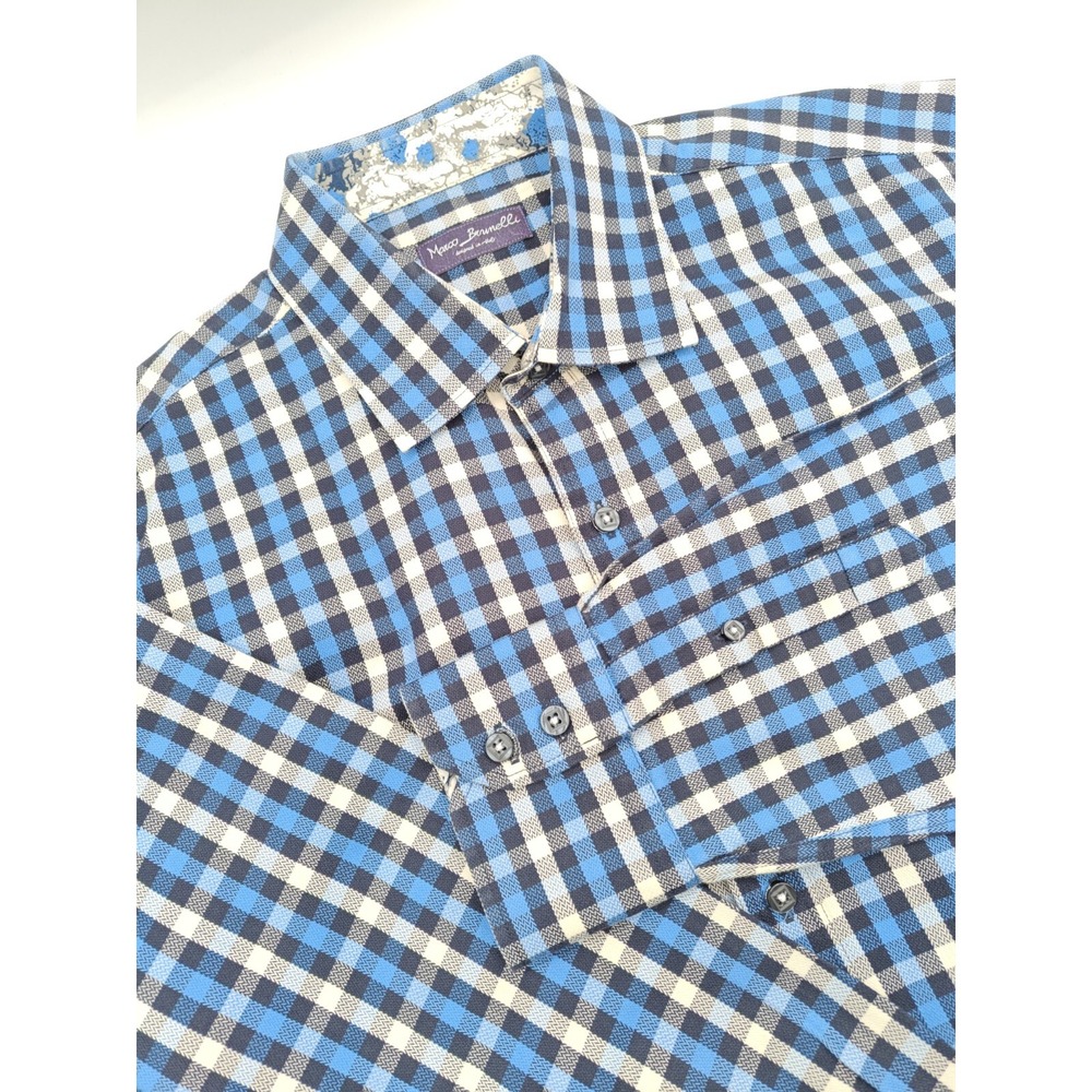 Marco Brunelli Mens Blue Plaid Cotton Dress Shirt 16.5x34 Large Regular Fit